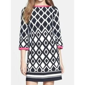 Eliza J women's black white pink round neck geometric knee length dress Size 10